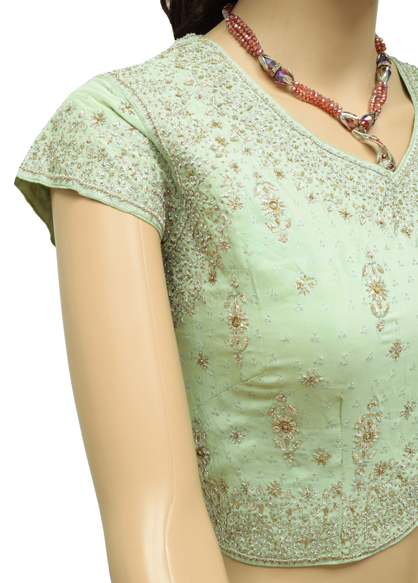 Sushila Vintage Green Readymade Stitched Sari Blouse Pure Silk Hand Beaded Choli