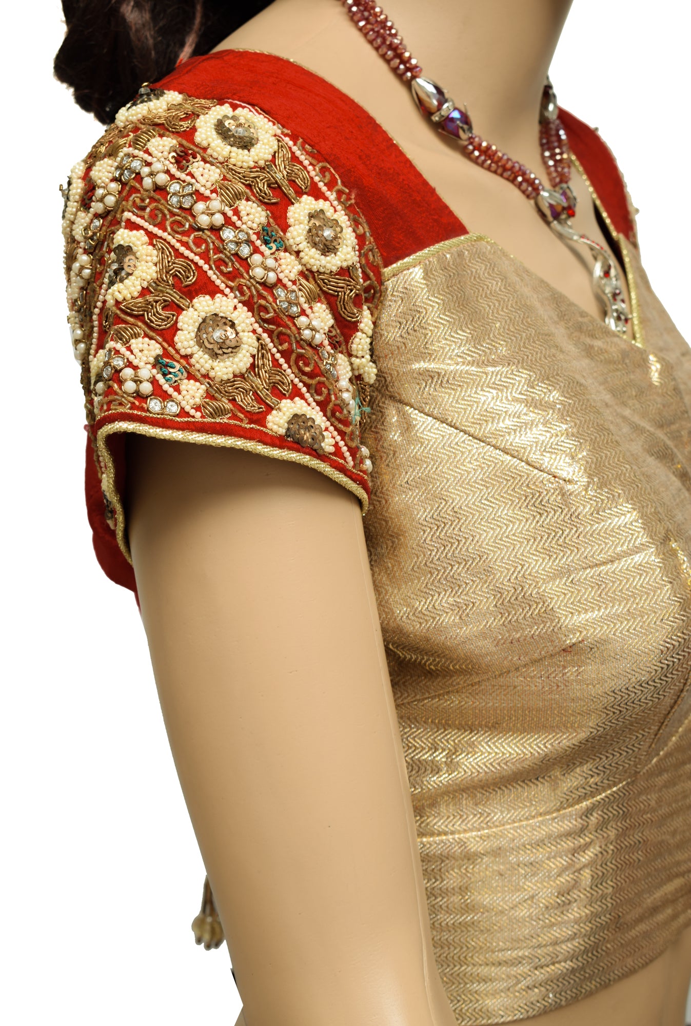 Sushila Vintage Red Golden Readymade Stitched Sari Blouse Silk Hand Beaded Choli