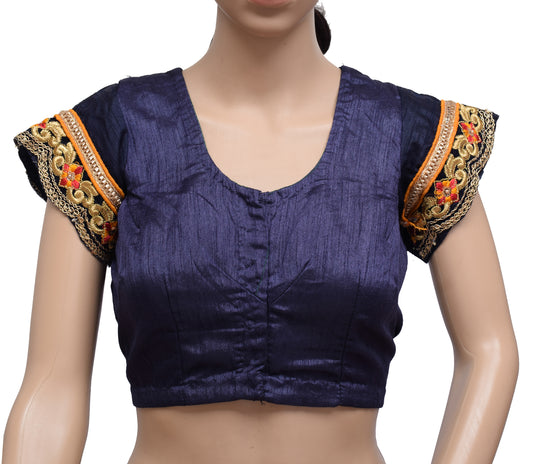 Sushila Vintage Blue Readymade Stitched Sari Blouse Silk Embroidery Designer Top