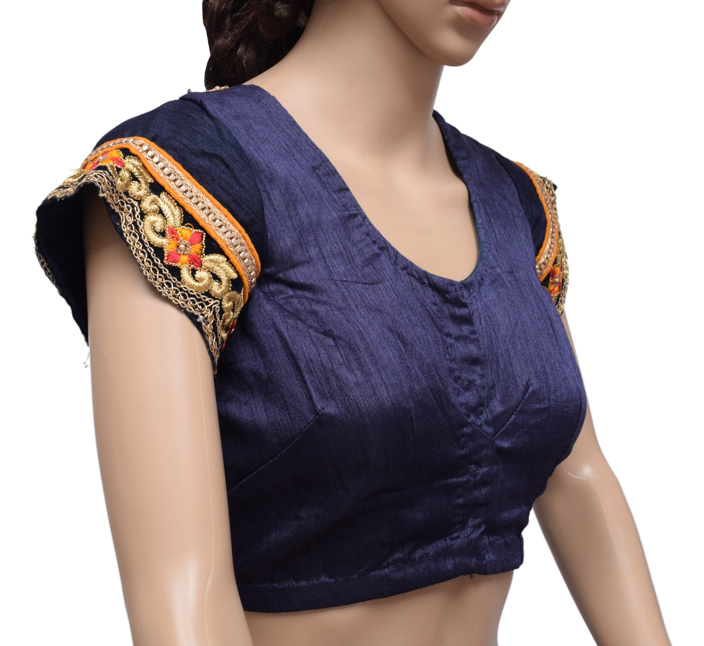 Sushila Vintage Blue Readymade Stitched Sari Blouse Silk Embroidery Designer Top