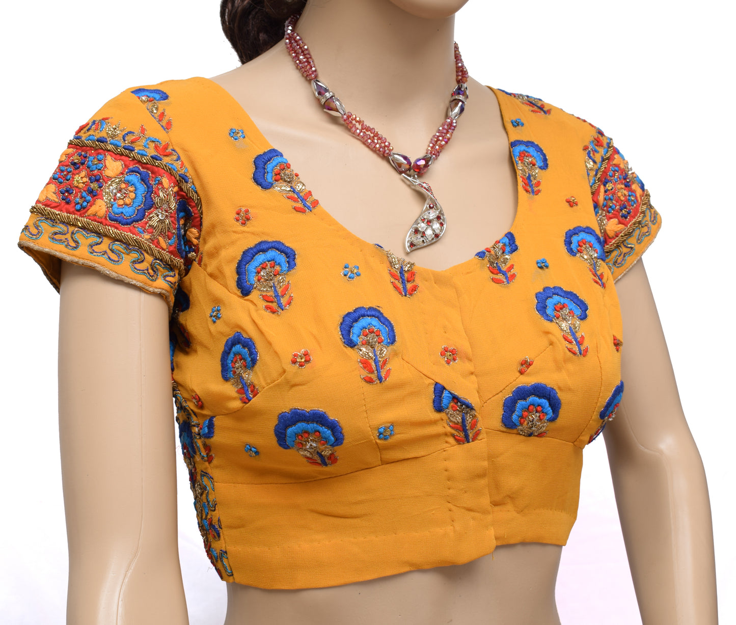 Sushila Vintage Mustard Readymade Stitched Sari Blouse Silk Hand Beaded Choli