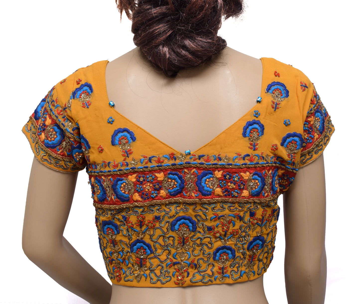 Sushila Vintage Mustard Readymade Stitched Sari Blouse Silk Hand Beaded Choli