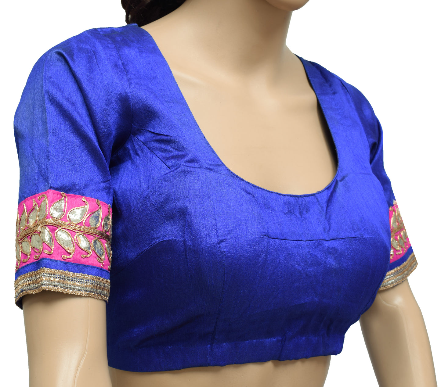 Sushila Vintage Readymade Stitched Blue Sari Blouse Art Silk Patch Work Choli