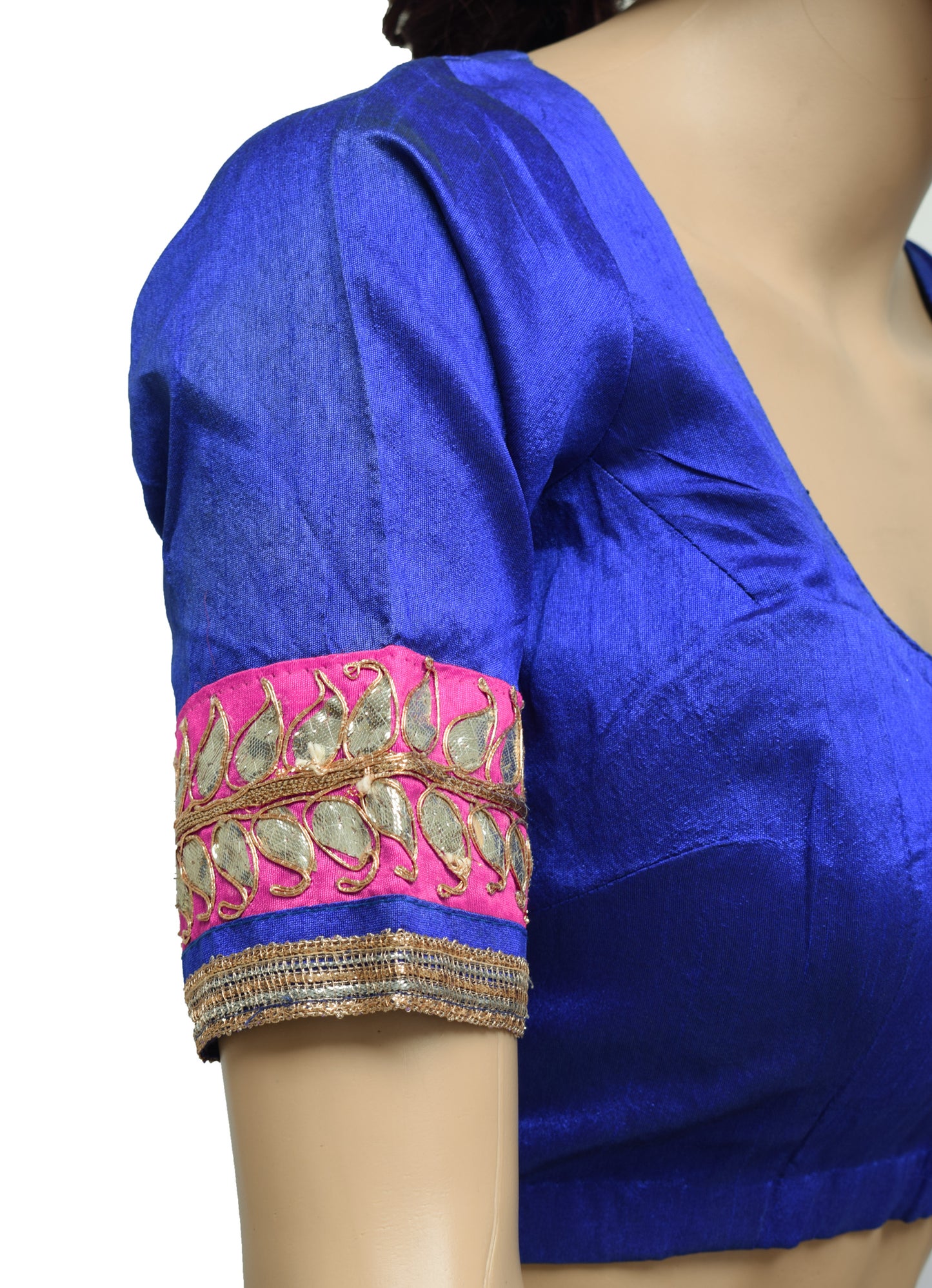 Sushila Vintage Readymade Stitched Blue Sari Blouse Art Silk Patch Work Choli