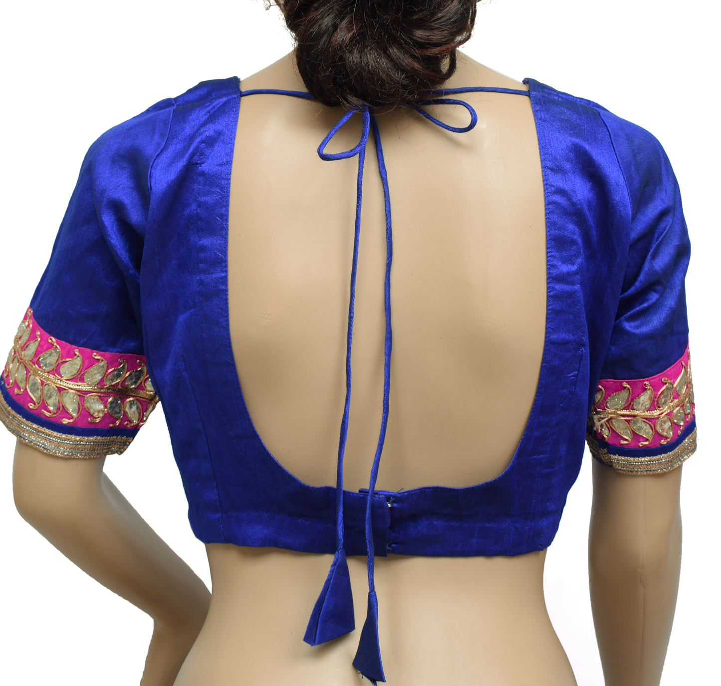 Sushila Vintage Readymade Stitched Blue Sari Blouse Art Silk Patch Work Choli