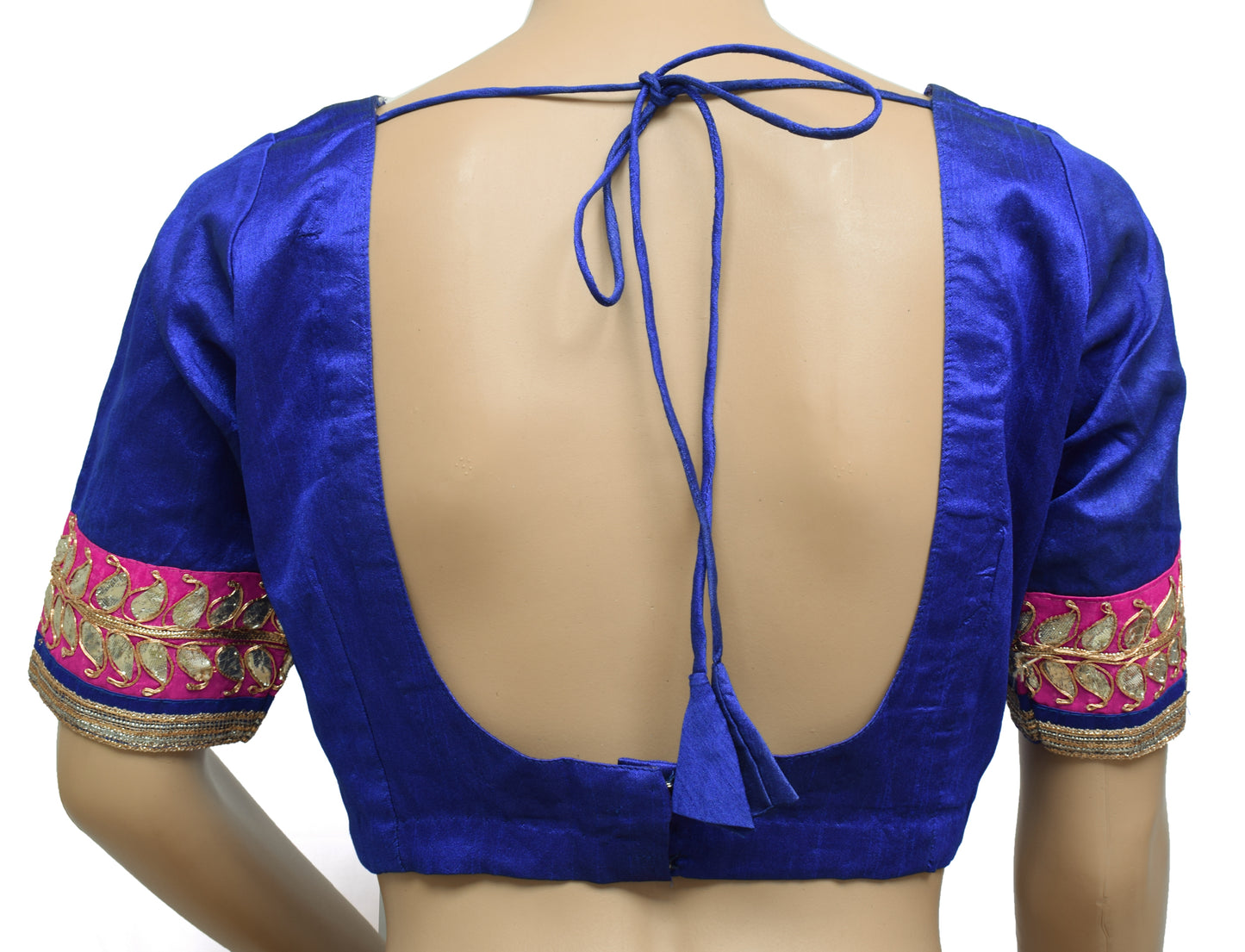 Sushila Vintage Readymade Stitched Blue Sari Blouse Art Silk Patch Work Choli