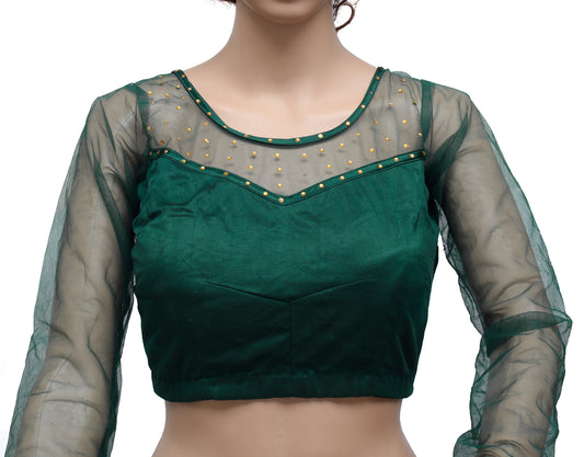 Sushila Vintage Green Readymade Stitched Sari Blouse Net Beaded Designer Top