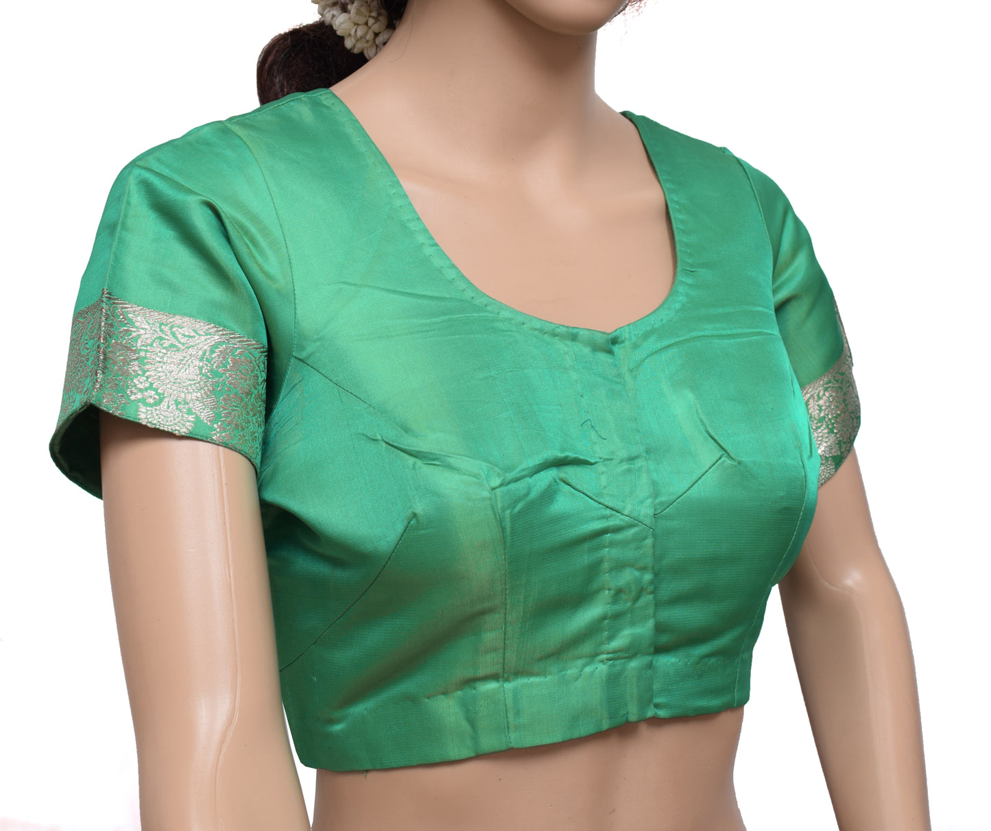 Sushila Vintage Green Readymade Stitched Sari Blouse Silk Woven Designer Top