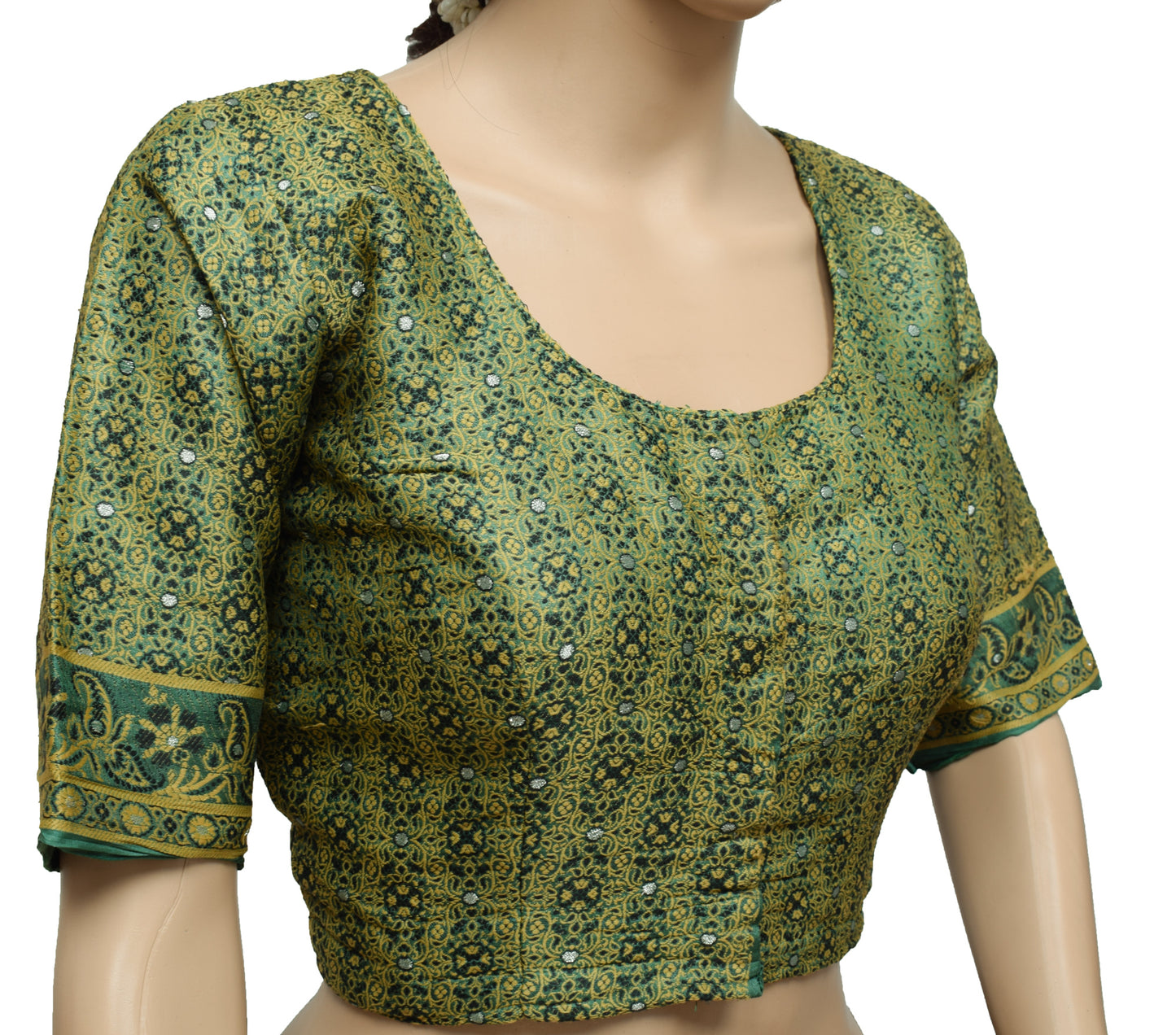 Sushila Vintage Green Readymade Stitched Sari Blouse Silk Woven Designer Choli