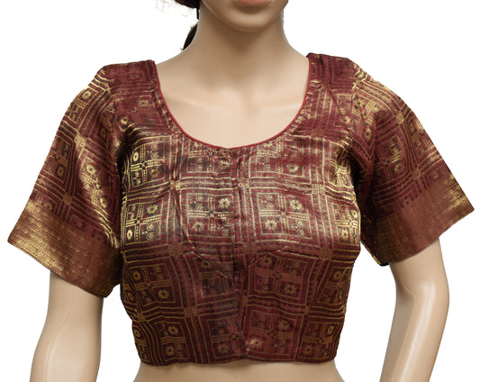 Sushila Vintage Maroon Readymade Stitched Sari Blouse Tissue Woven Designer Top