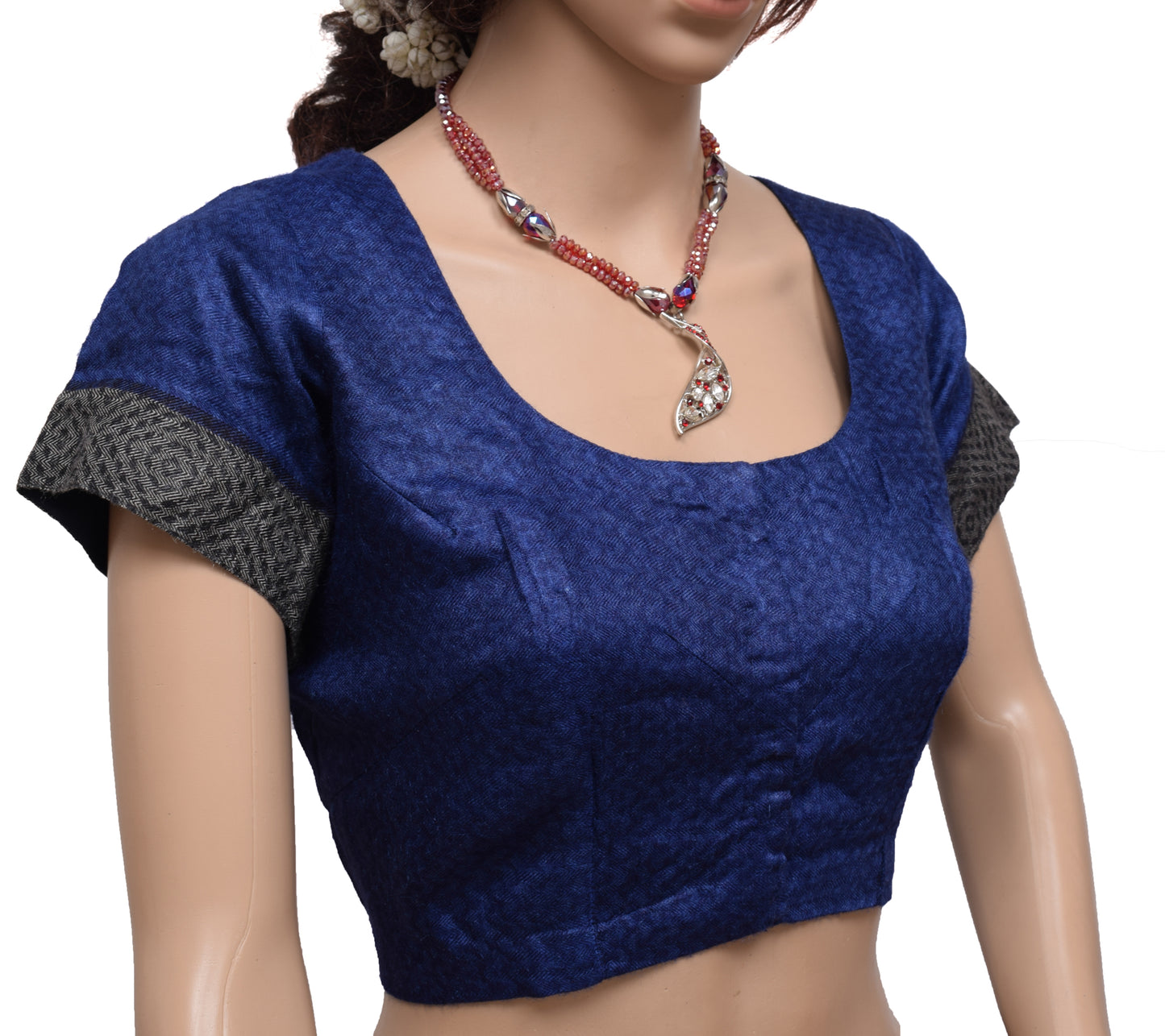 Sushila Vintage Blue Readymade Stitched Sari Blouse Woolen Woven Designer Choli