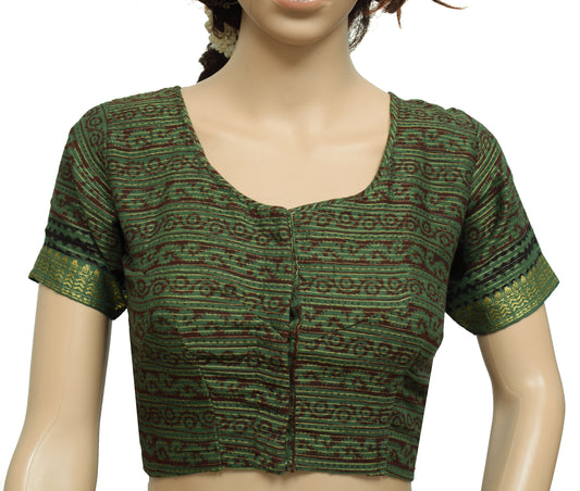 Sushila Vintage Green Hand Block Printed Readymade Stitched Cotton Sari Blouse