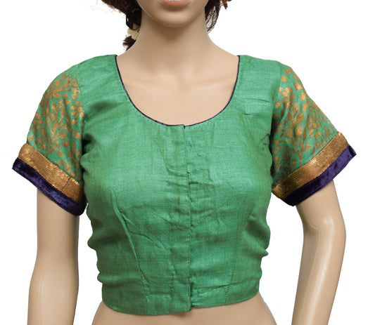 Sushila Vintage Readymade Stitched Green Sari Blouse Woolen Woven Designer Top