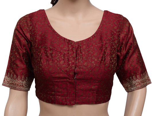 Sushila Vintage Maroon Readymade Stitched Banarasi Satin Sari Blouse Woven Top