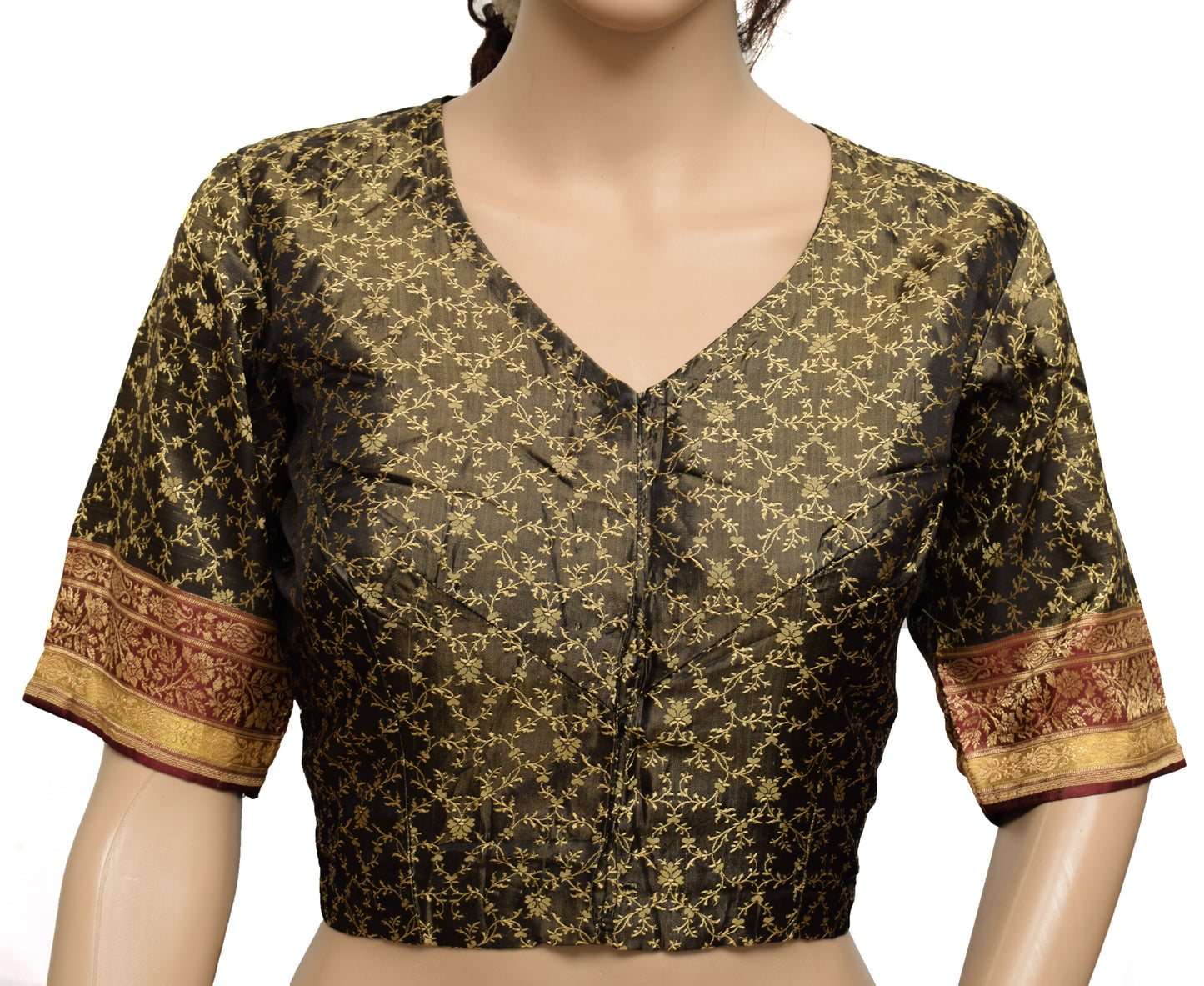 Sushila Vintage Readymade Black Stitched Sari Blouse Silk Woven Designer Top