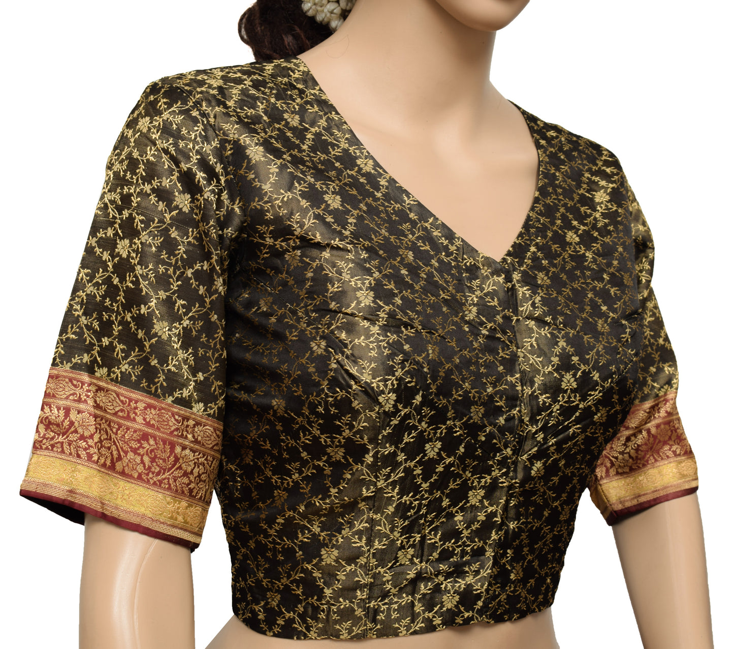 Sushila Vintage Readymade Black Stitched Sari Blouse Silk Woven Designer Top