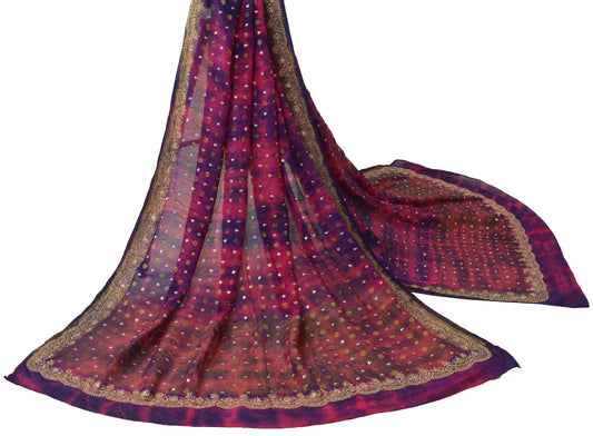 Sushila Vintage Pink-Blue Dupatta Pure Silk Kohra Embroidery Tie-Dye Long Stole