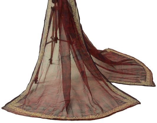 Sushila Vintage Maroon Dupatta Pure Chiffon Silk Beaded Embroidery Long Stole