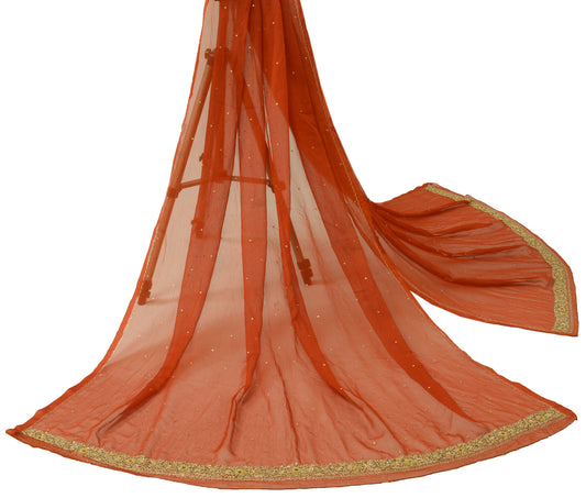 Sushila Vintage Rust Dupatta Blend Chiffon Silk Hand Beaded Long Stole Scarves