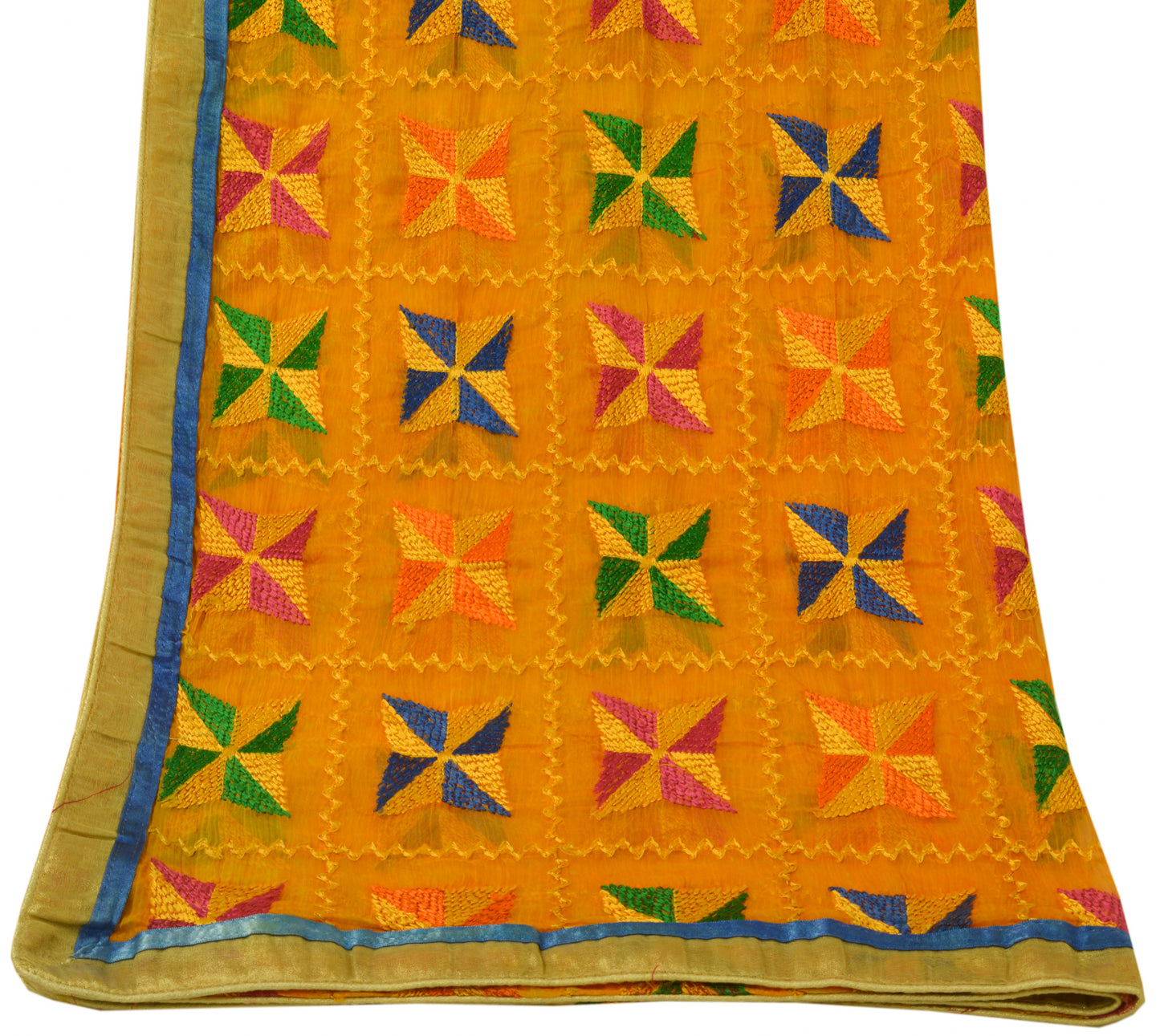 Sushila Vintage Yellow Dupatta Chiffon Embroidered Phulkaari Long Stole Scarves