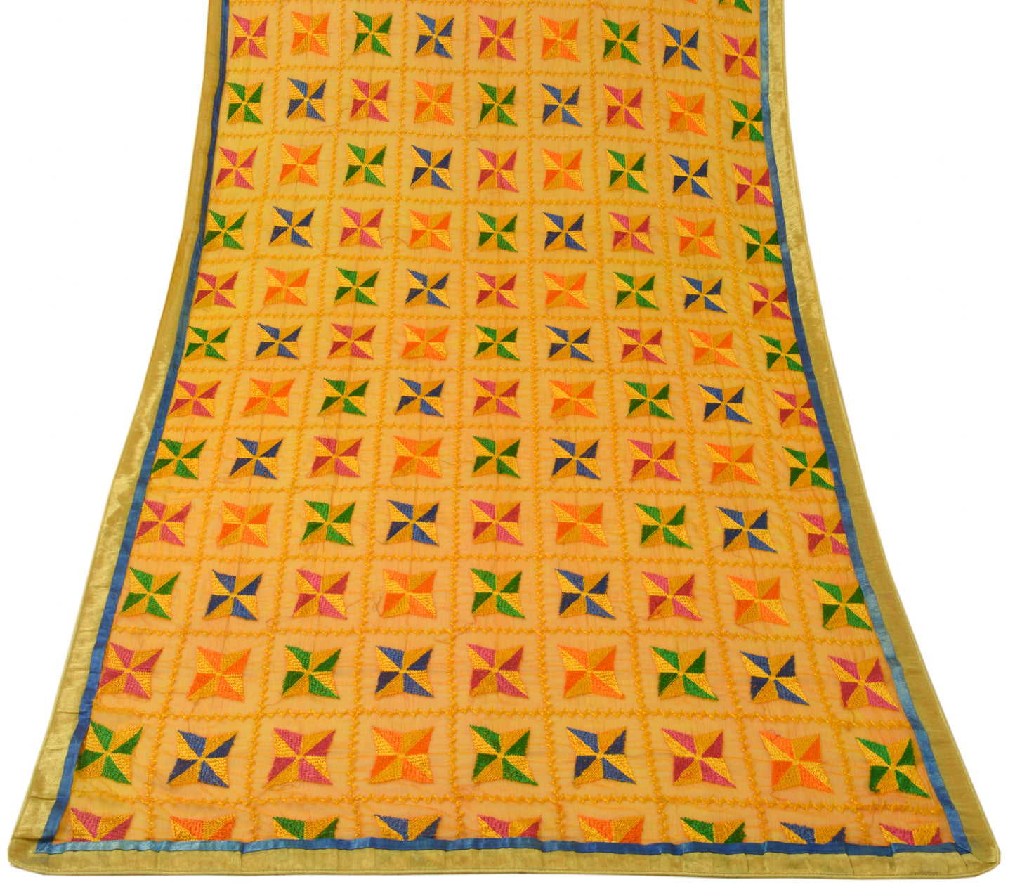 Sushila Vintage Yellow Dupatta Chiffon Embroidered Phulkaari Long Stole Scarves