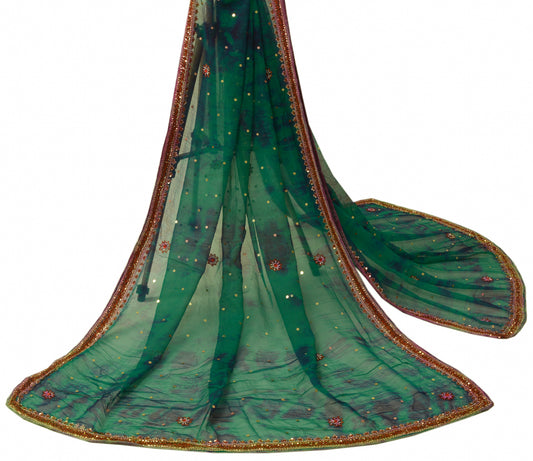 Sushila Vintage Green Dupatta Pure Chiffon SIlk Tie-Dye Sequins Work Long Stole