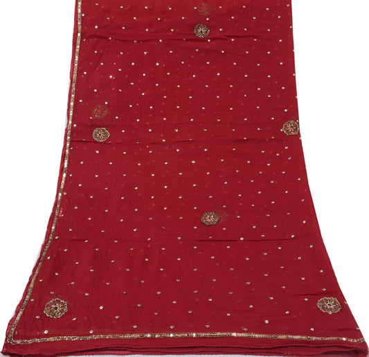 Sushila Vintage Red Dupatta Pure Chiffon Silk Sequins Embroidered Long Stole