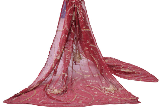 Sushila Vintage Red Indian Dupatta Pure Chiffon Silk Embroidered Long Stole Veil