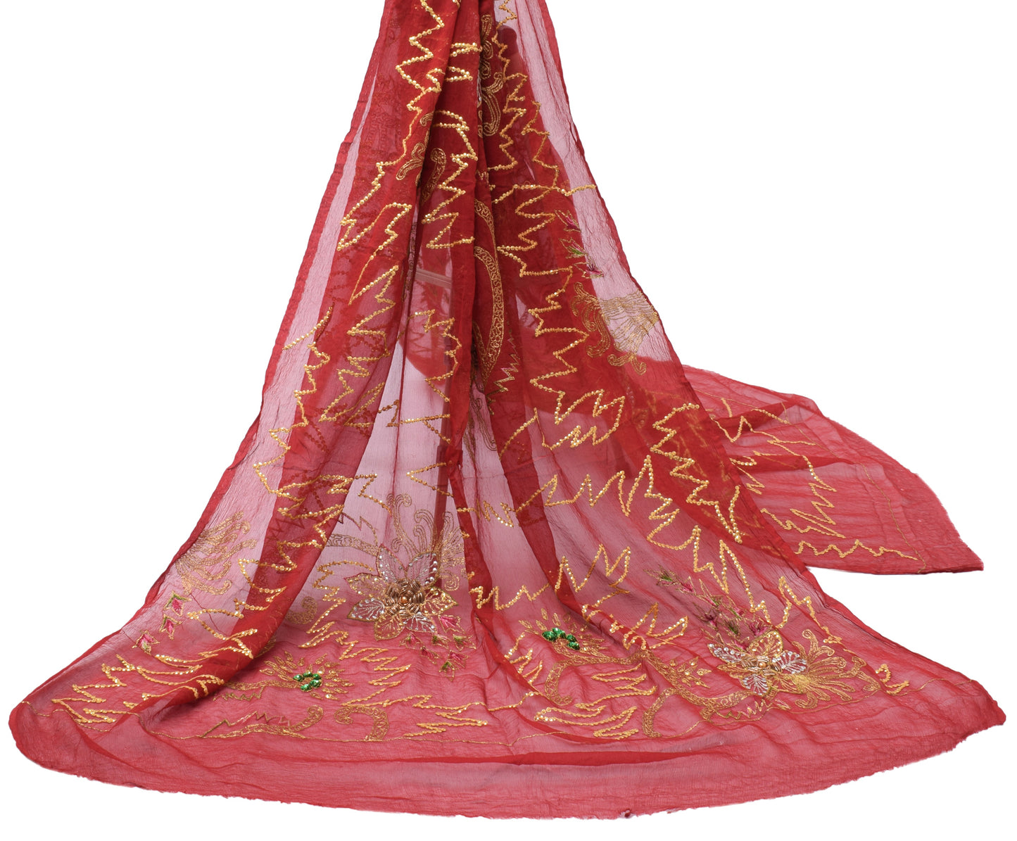 Sushila Vintage Red Dupatta Pure Chiffon Silk Embroidered Long Stole Scarves