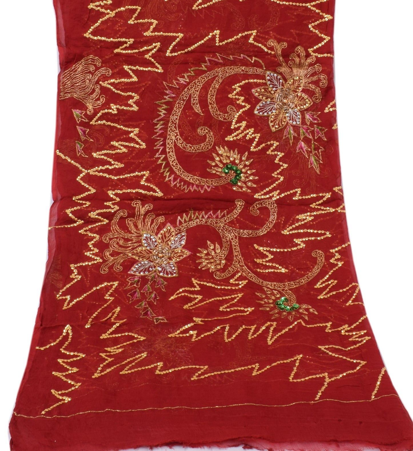 Sushila Vintage Red Dupatta Pure Chiffon Silk Embroidered Long Stole Scarves