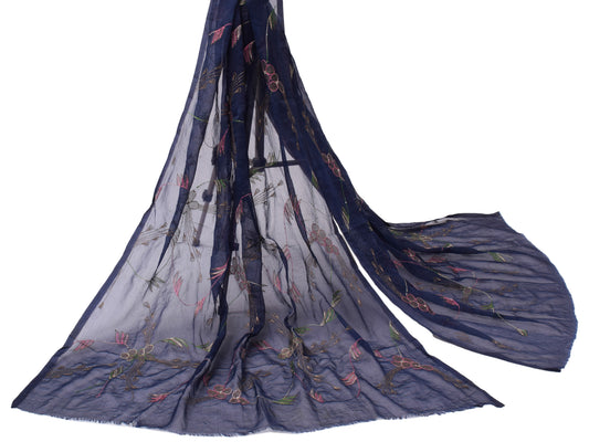 Sushila Vintage Dark Blue Dupatta Blend Chiffon Silk Embroidered Long Stole Veil