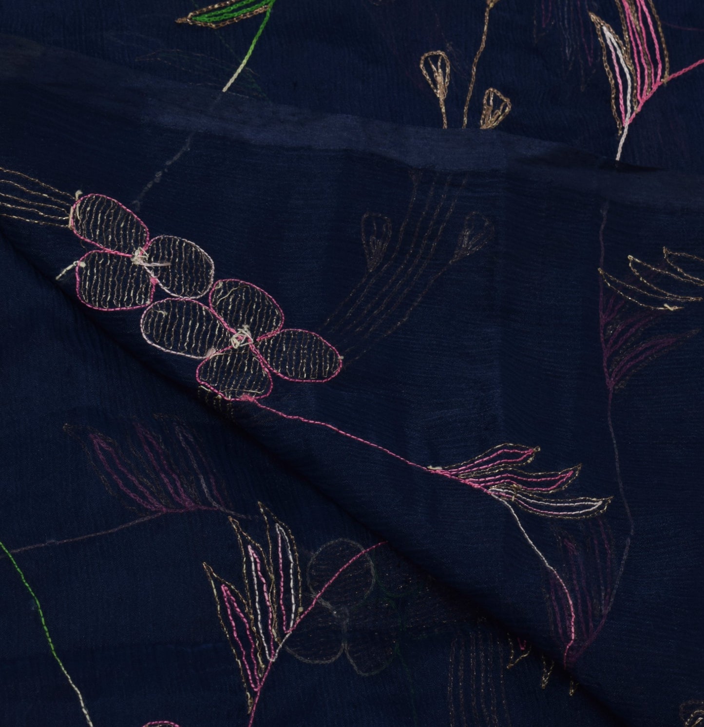 Sushila Vintage Dark Blue Dupatta Blend Chiffon Silk Embroidered Long Stole Veil