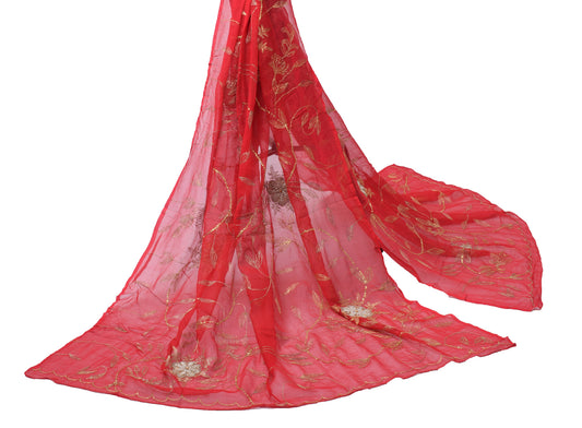 Sushila Vintage Red Dupatta Pure Chiffon Silk Hand Beaded Long Stole Scarves