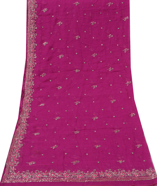 Sushila Vintage Magenta Dupatta Pure Chiffon Silk Beaded Embroidered Long Stole