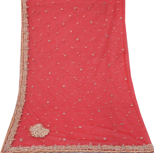 Sushila Vintage Red Dupatta Net Hand Beaded Zardozi Work Indian Long Stole Veil