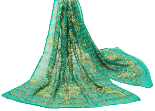 Sushila Vintage Green Dupatta Pure Chiffon Silk Sequins Embroidered Long Stole