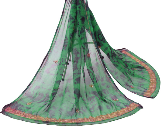 Sushila Vintage Green Dupatta Pure Chiffon Silk Hand Beaded Long Stole Scarves