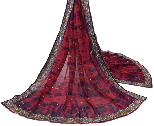 Sushila Vintage Maroon Tie-Dye Dupatta Pure Chiffon Silk Hand Beaded Long Stole