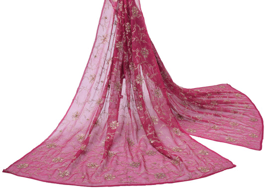 Sushila Vintage Magenta Dupatta Pure Chiffon Silk Hand Beaded Zardozi Long Stole