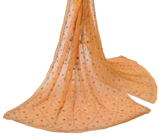 Sushila Vintage Mustard Dupatta Pure Chiffon Silk Hand Beaded Zardozi Long Stole