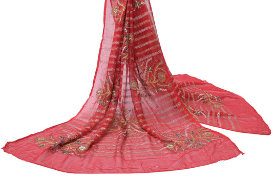 Sushila Vintage Red Dupatta Pure Chiffon Silk Zari Embroidered Long Stole Veil