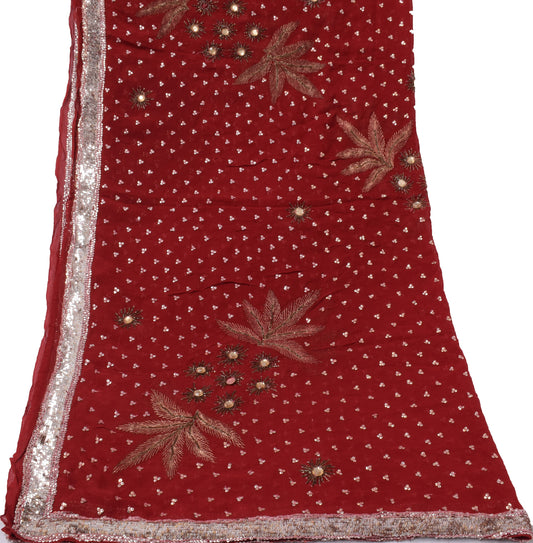 Sushila Vintage Red Dupatta Pure Georgette Silk Sequins Embroidered Long Stole