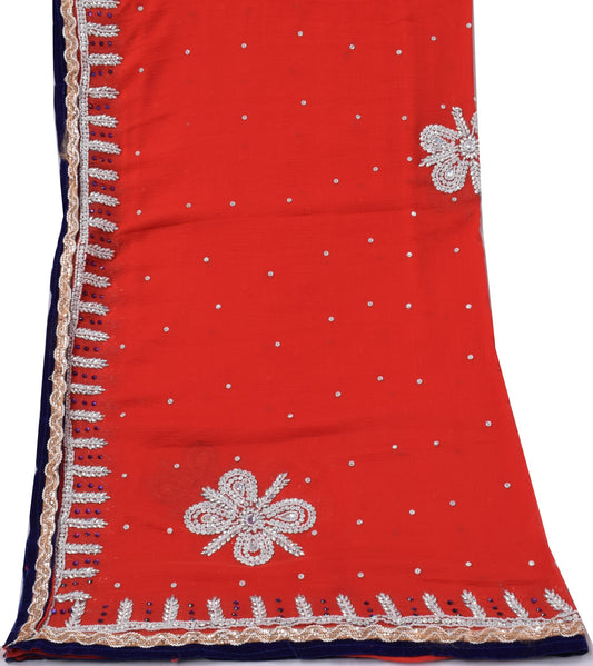 Sushila Vintage Red Dupatta Pure Chiffon Silk Beaded Long Wrap Scarves