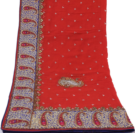 Sushila Vintage Red Dupatta Pure Georgette Silk Beaded Embroidered Long Stole