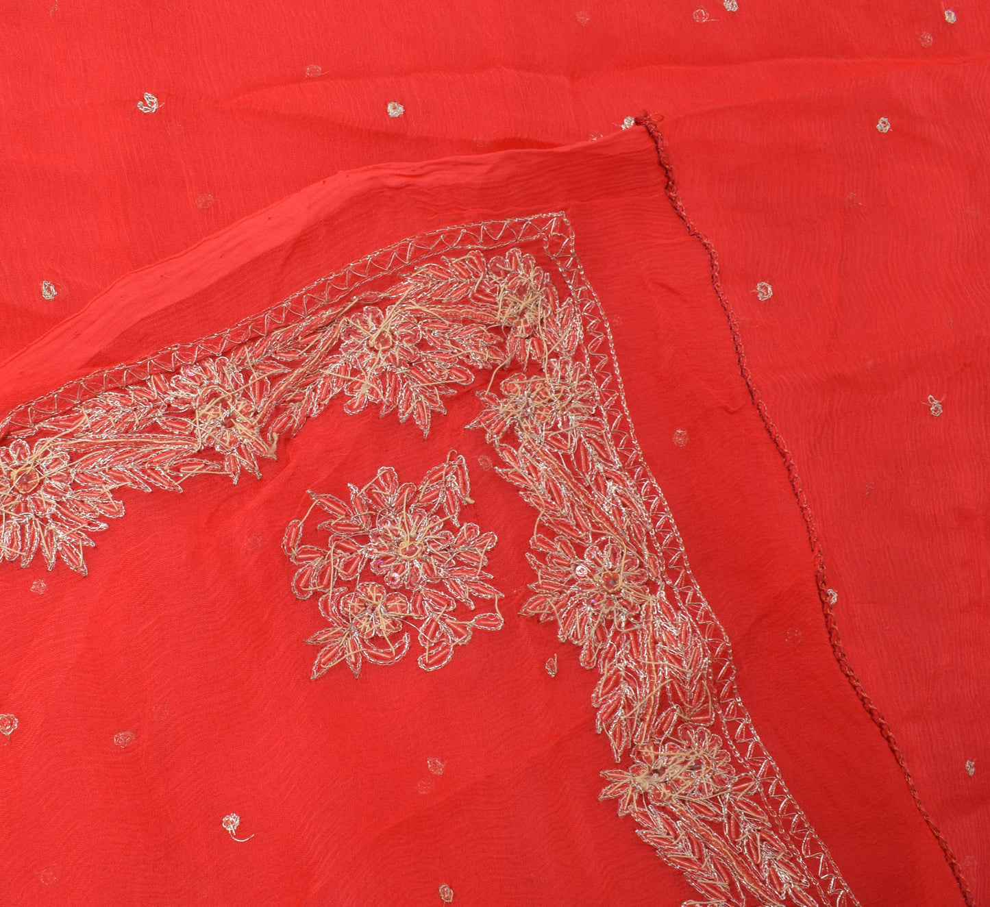 Sushila Vintage Red Dupatta Pure Chiffon Silk Hand Beaded Zardozi Long Stole