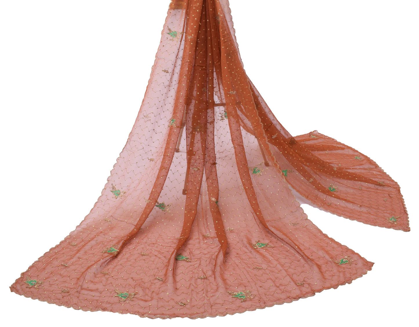 Sushila Vintage Rust Dupatta Pure Chiffon Silk Sequins Embroidered Long Stole