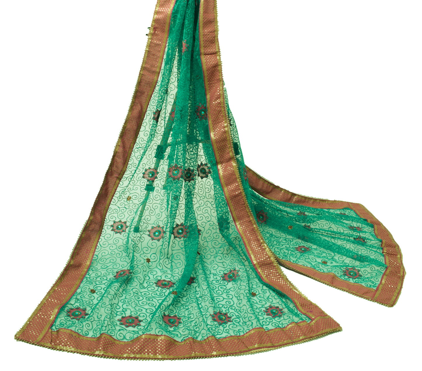 Sushila Vintage Green Indian Dupatta Net Mesh Embroidered Long Stole Scarves