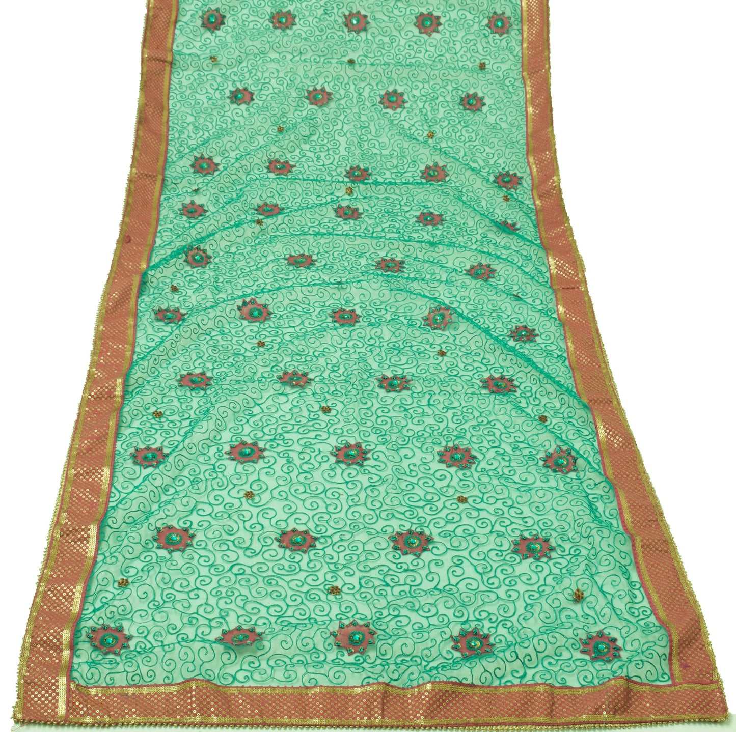 Sushila Vintage Green Indian Dupatta Net Mesh Embroidered Long Stole Scarves