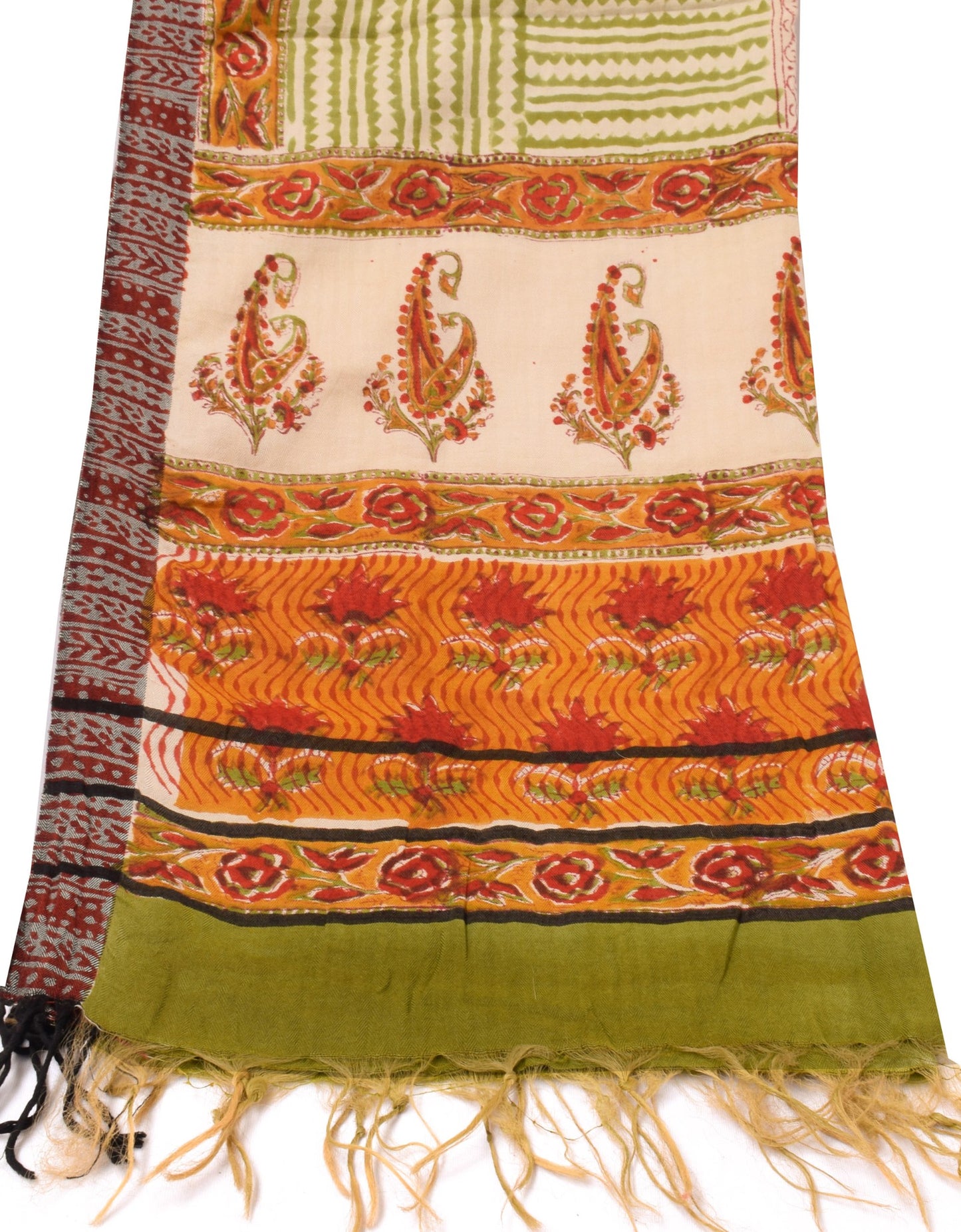 Sushila Vintage Cream Indian Dupatta Pure Woolen Printed Long Stole Wrap Scarves