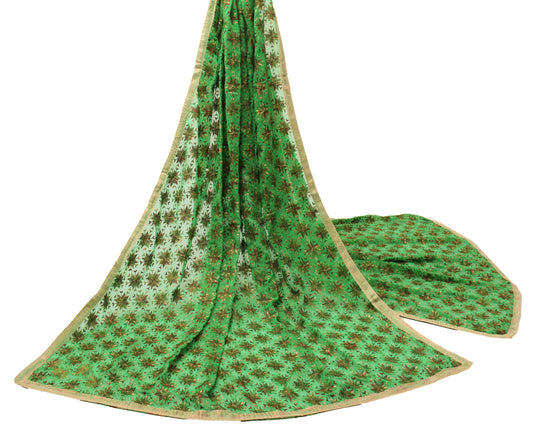 Sushila Vintage Green Dupatta Blend Chiffon Silk Phulkari Long Stole Scarves